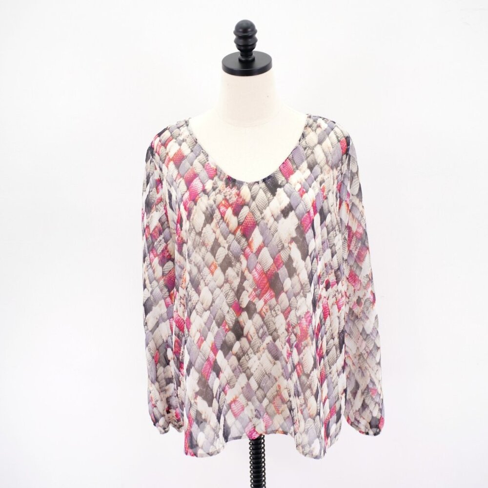 Liz Claiborne Petite PXL Sheer Gray Cream Red Blouse Round Neck Top Long Sleeve